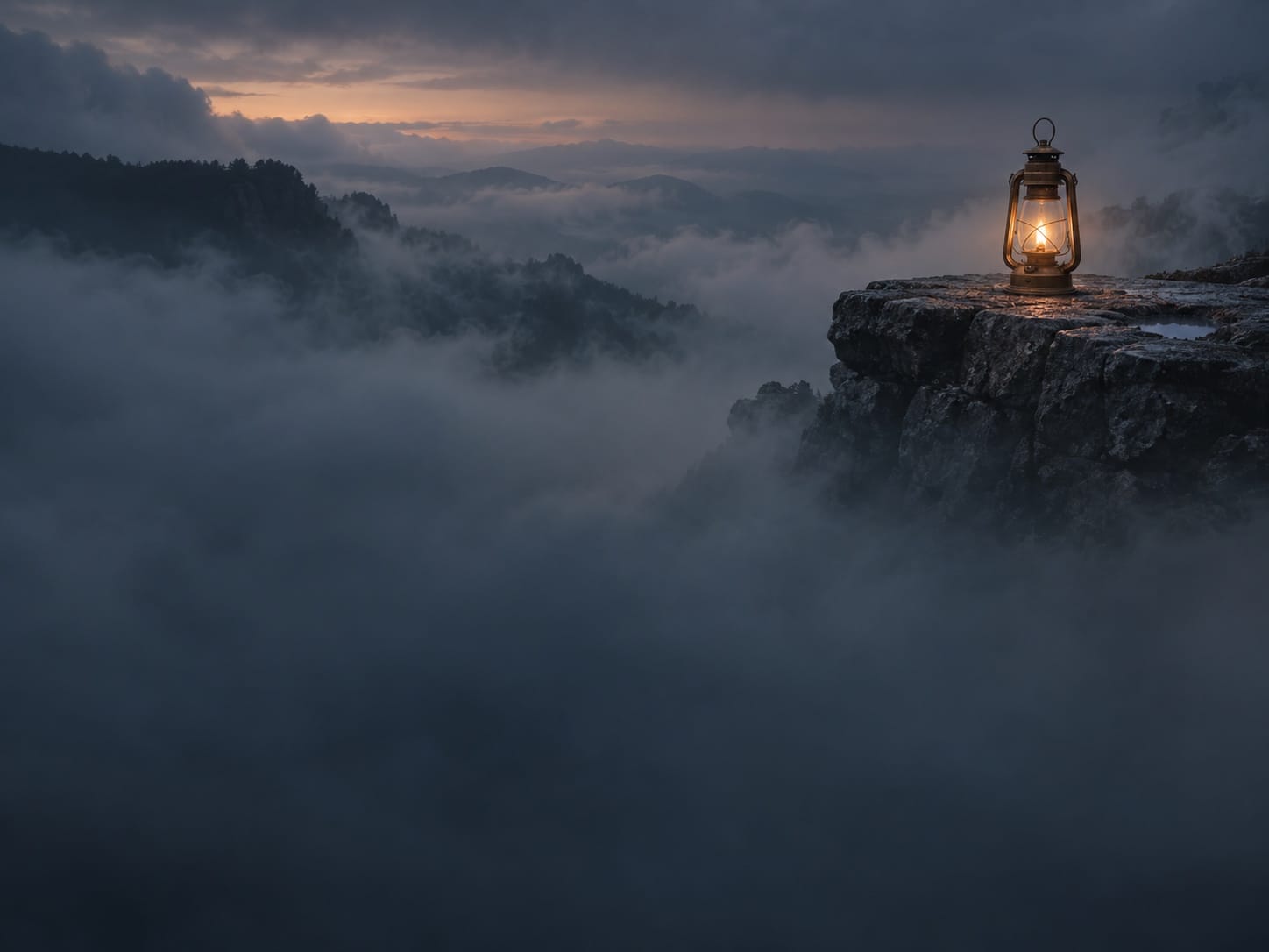 A single lantern glowing in blue mist.