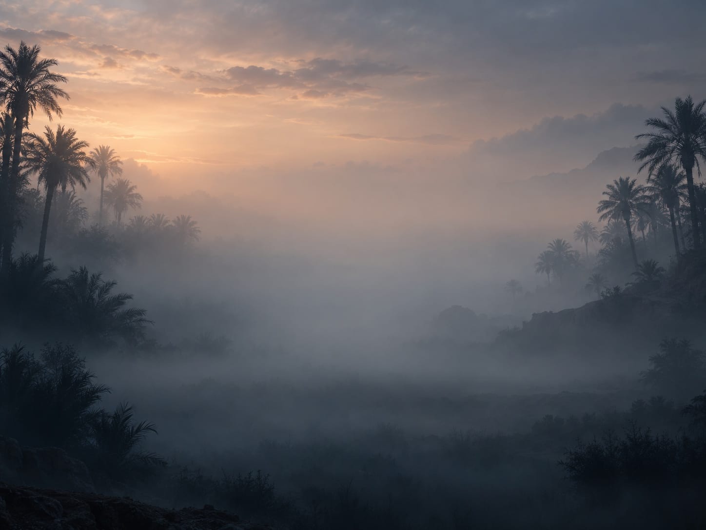 Date palms fading into morning mist.